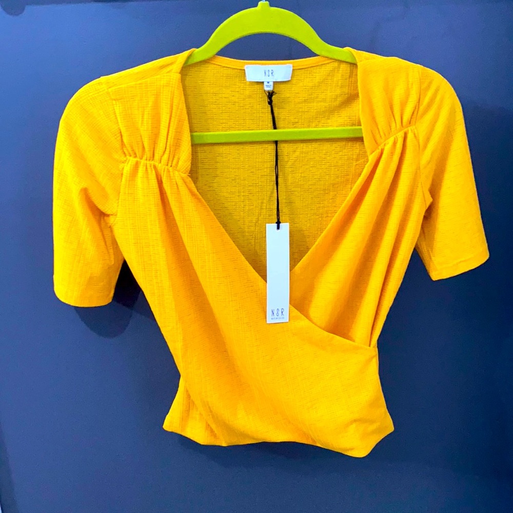 NSR blouse mustard yellow medium NWT wrap front